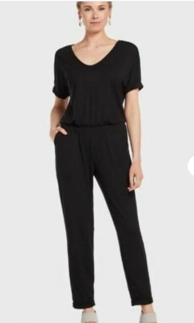 Michael Stars Rayon Black Short Sleeve V-Neck Jumpsuit Small